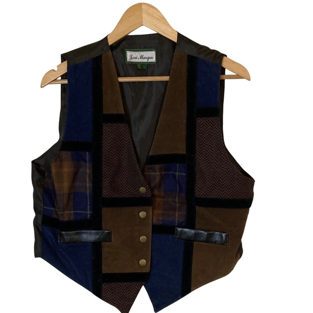 Jeri Marque Womens Leather Patchwork Vest Brown Blue Size Large Colorful‎ Snap